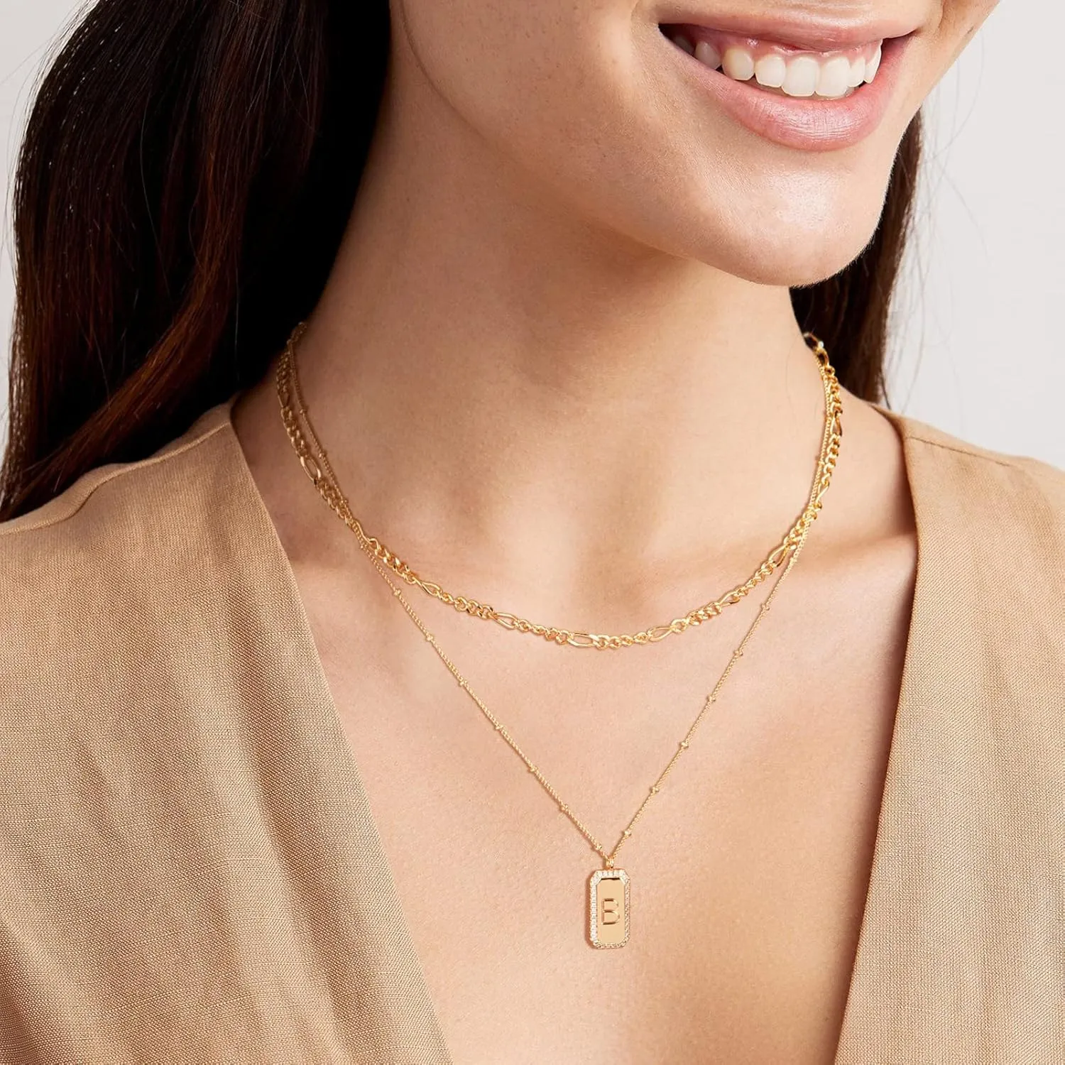 Gold Initial Necklace for Women 14K Gold Plated Figaro Chain Choker Layered Necklaces Set Bar Rectangle Pendant Necklaces Simple Dainty Letter Necklace Everyday Gold Jewelry