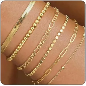 Gold Layered Bracelets Sets for Women Men Silver Stackable Beaded Bracelet Cuban Link Chain Cuff Bracelet Birthday Jewelry for Women Men