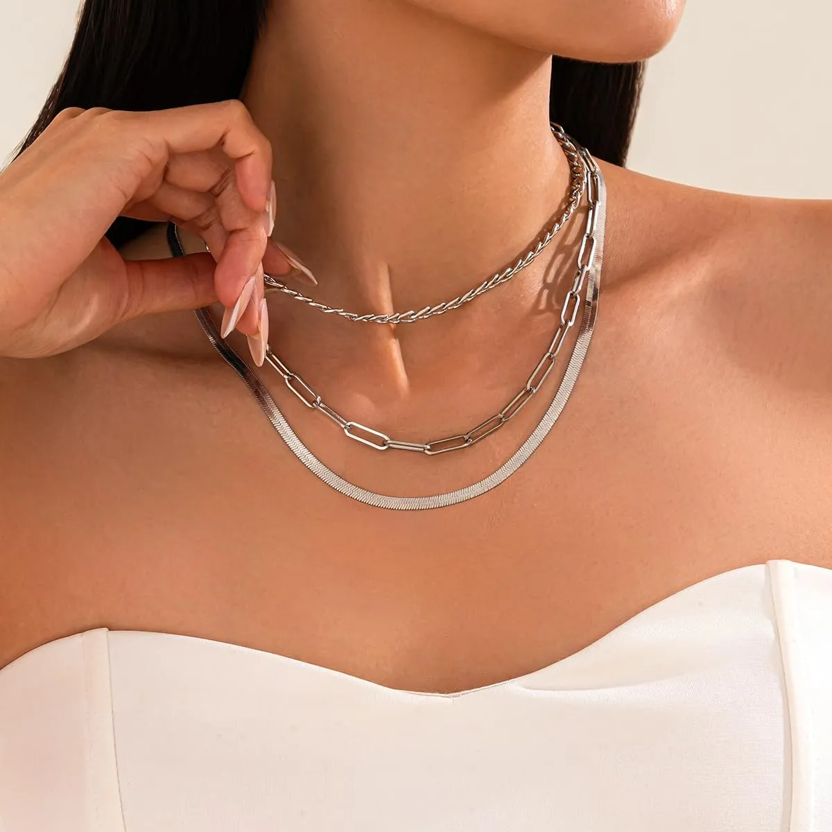 Gold Layered Chain Necklace for Women Set Gold Plated Dainty Paperclip Chain Necklaces Stack Herringbone Choker Necklace Punk Jewelry
