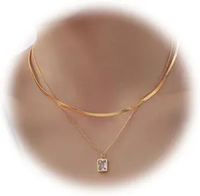Gold Multi-layered Necklaces for Women Squares Crystal Zircon Pendant Necklace Multi-layered Snake Bone Chain Choker Necklace with Dainty Rectangle Pendant Women Jewelry (gold-white)