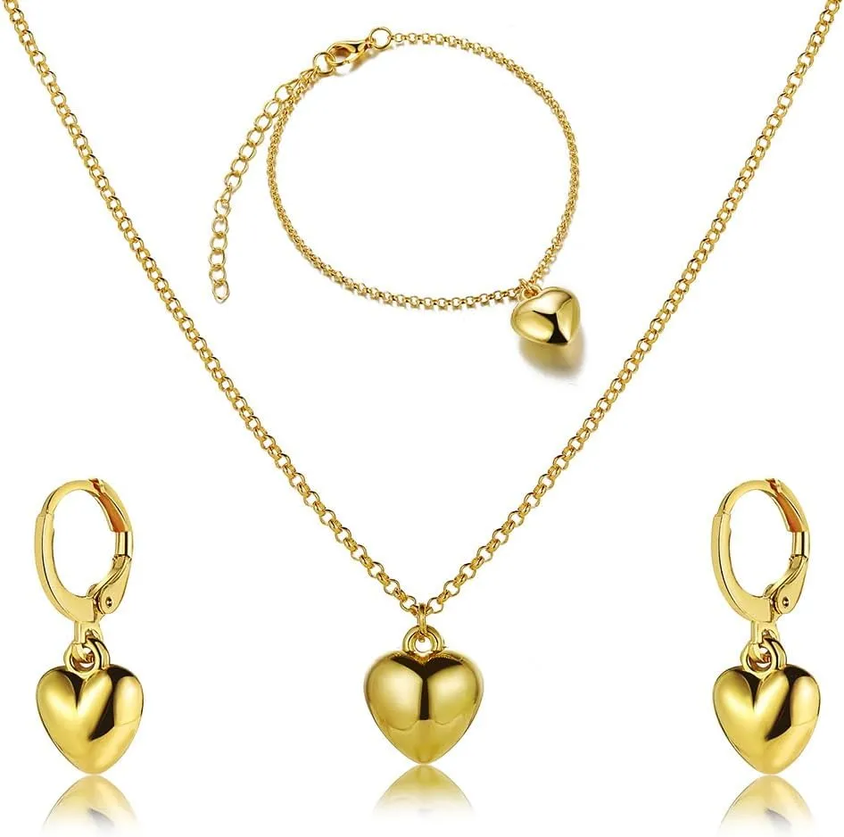 Gold Necklace Bracelet Earrings Set for Women Heart Earring Bracelet Set Heart Pendant Necklace Heart Dangle Earring Bracelet Gold Plated Bracelet Necklace Earrings Adjustable Heart Gold Necklace Sets of 3
