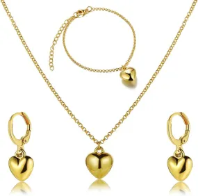 Gold Necklace Bracelet Earrings Set for Women Heart Earring Bracelet Set Heart Pendant Necklace Heart Dangle Earring Bracelet Gold Plated Bracelet Necklace Earrings Adjustable Heart Gold Necklace Sets of 3
