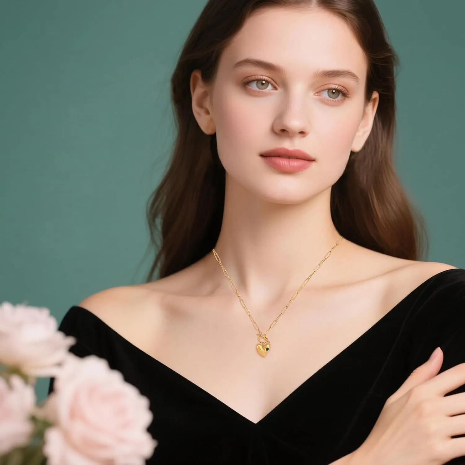 Gold Paperclip Toggle Necklace Pendant for Women Natural Gemstone Pearl Cubic Zirconia Paper Clip Chain Necklace Toggle Paperclip Jewelry Gift for Women