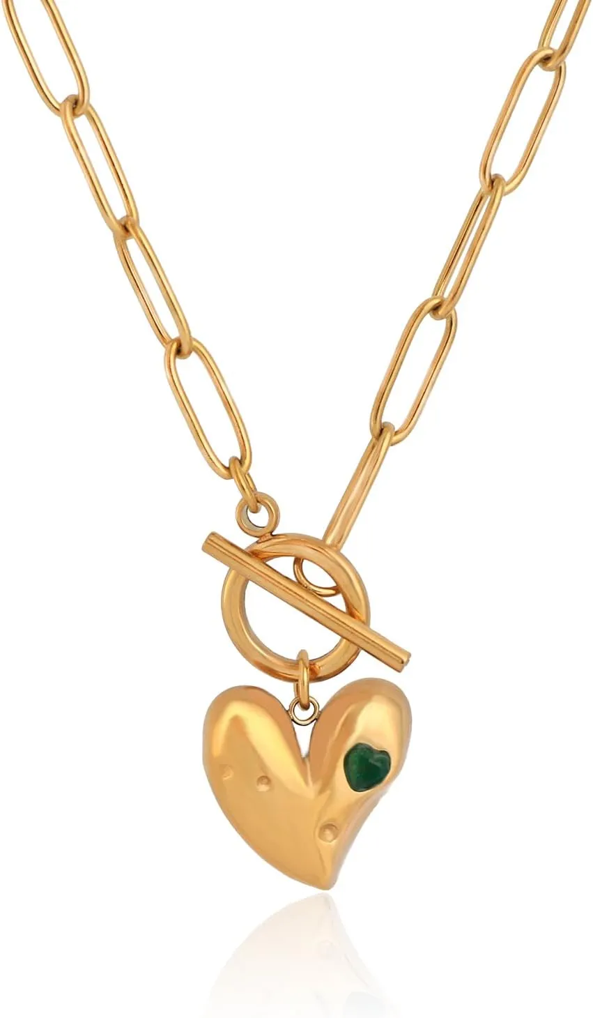 Gold Paperclip Toggle Necklace Pendant for Women Natural Gemstone Pearl Cubic Zirconia Paper Clip Chain Necklace Toggle Paperclip Jewelry Gift for Women