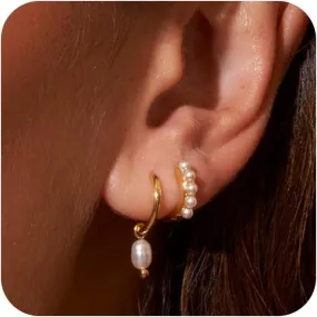 Gold Pearl Earrings for Women - Dainty Drop Dangle Hypoallergenic 14k Plated Hoop Set - Trendy Cute Jewelry Gifts