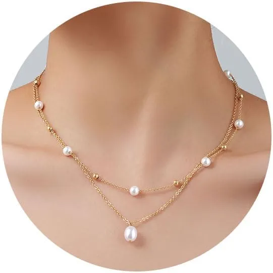 Gold Pearl Necklace for Women 14K Gold Plated Pearl Choker Layered Necklaces for Women Trendy Dainty Pearl Chain Summer Beachy Jewelry Gifts