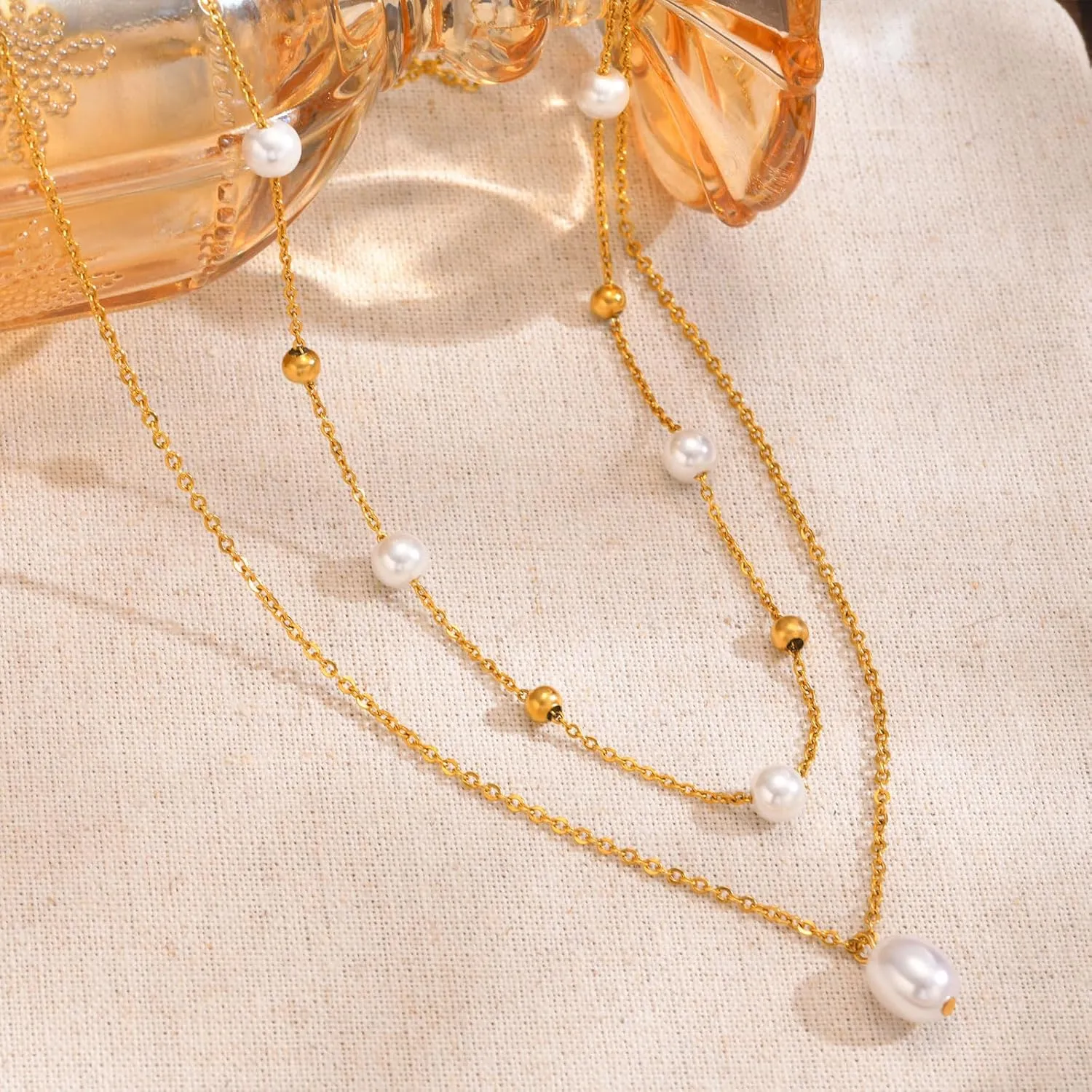 Gold Pearl Necklace for Women 14K Gold Plated Pearl Choker Layered Necklaces for Women Trendy Dainty Pearl Chain Summer Beachy Jewelry Gifts