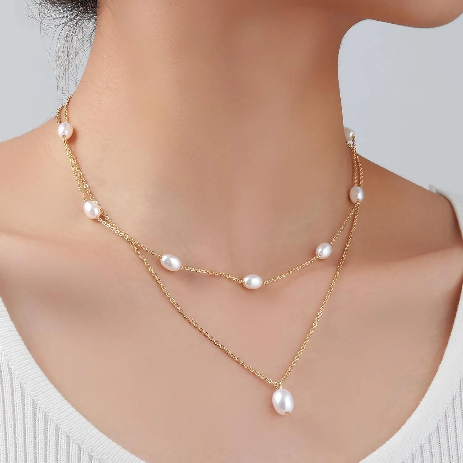 Gold Pearl Necklace for Women 14K Gold Plated Pearl Choker Layered Necklaces for Women Trendy Dainty Pearl Chain Summer Beachy Jewelry Gifts
