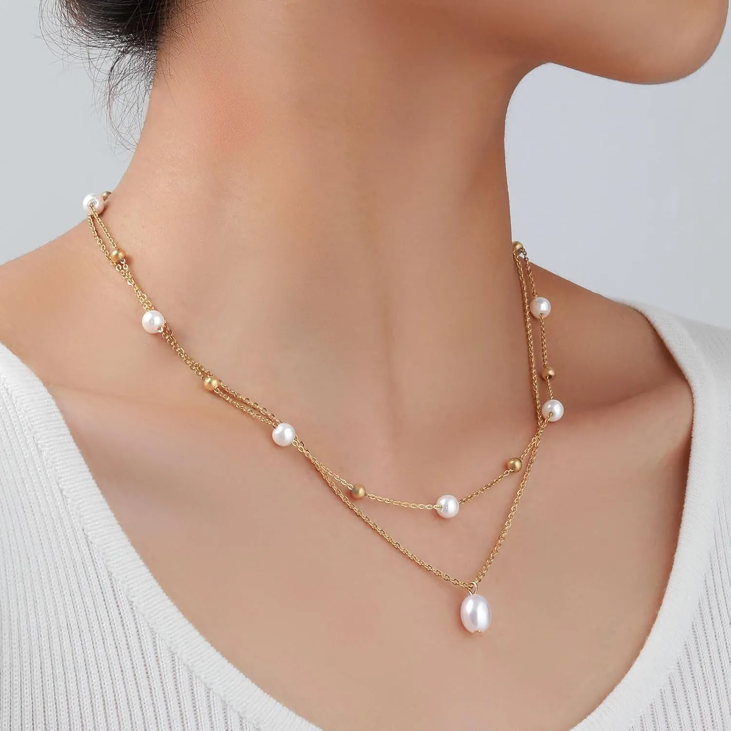 Gold Pearl Necklace for Women 14K Gold Plated Pearl Choker Layered Necklaces for Women Trendy Dainty Pearl Chain Summer Beachy Jewelry Gifts