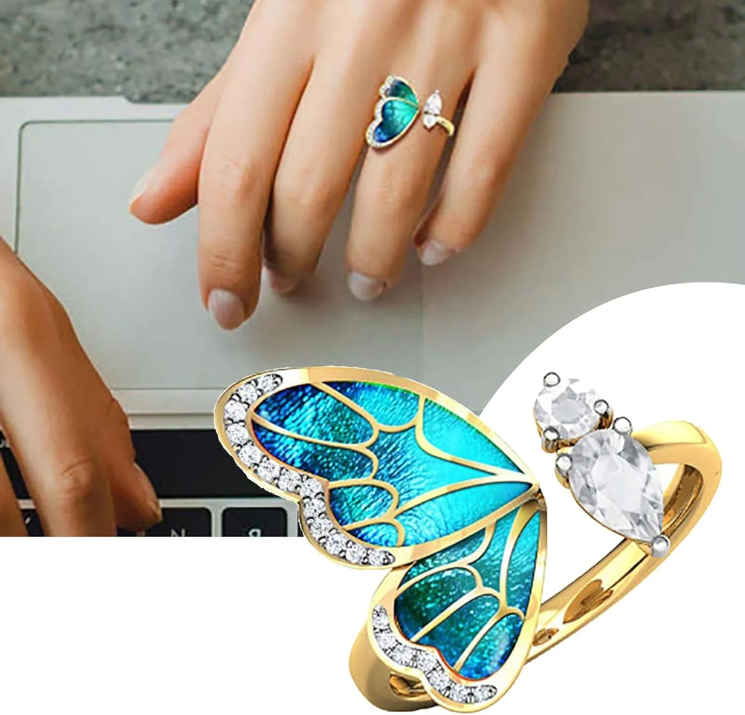 Gold Plated Boho Crystal Adjustable Open Band Wrap Finger Rings Butterfly Statement Ring for Women Comfort Fit