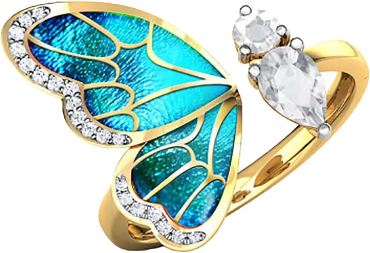 Gold Plated Boho Crystal Adjustable Open Band Wrap Finger Rings Butterfly Statement Ring for Women Comfort Fit