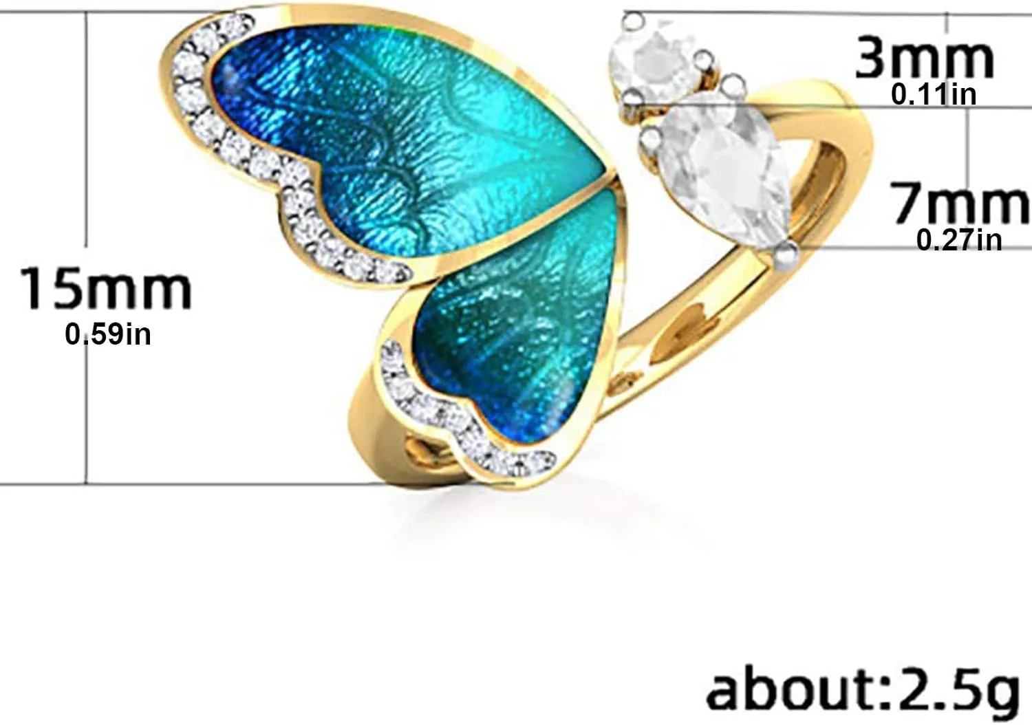 Gold Plated Boho Crystal Adjustable Open Band Wrap Finger Rings Butterfly Statement Ring for Women Comfort Fit
