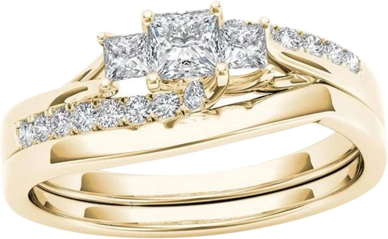 Gold Plated Chunky Ring Wide Band Zirconia Engagement Ring for Women Round Cut Diamond Bridal Set Wedding Bands