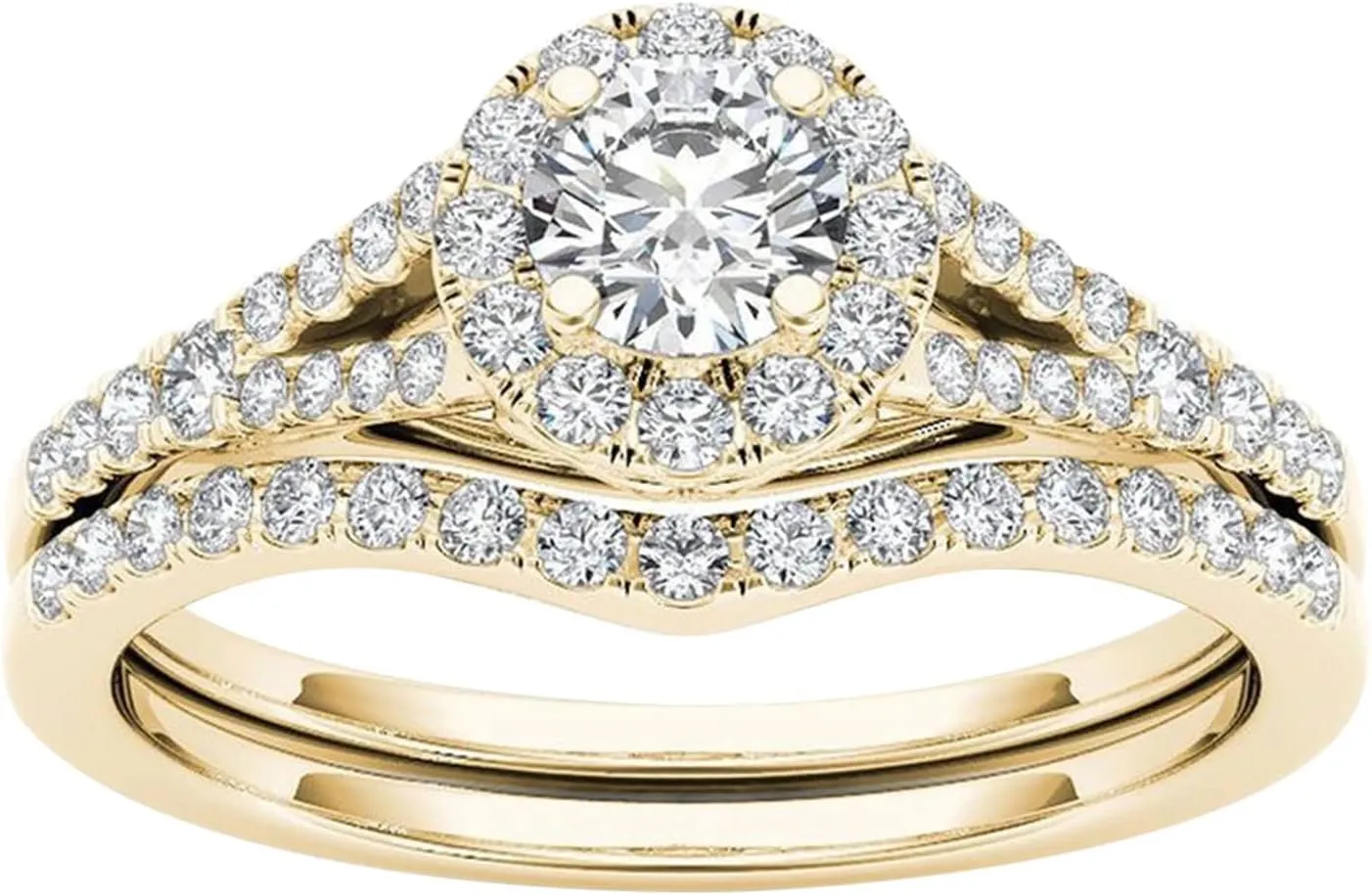 Gold Plated Chunky Ring Wide Band Zirconia Engagement Ring for Women Round Cut Diamond Bridal Set Wedding Bands