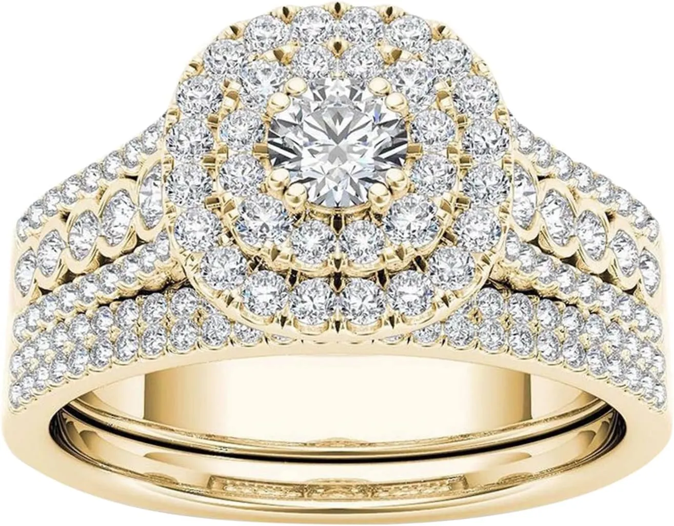 Gold Plated Chunky Ring Wide Band Zirconia Engagement Ring for Women Round Cut Diamond Bridal Set Wedding Bands