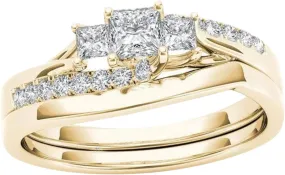 Gold Plated Chunky Ring Wide Band Zirconia Engagement Ring for Women Round Cut Diamond Bridal Set Wedding Bands