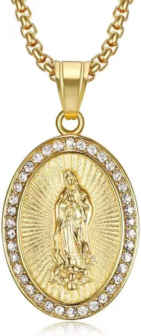 Gold Plated Virgin Mary Necklace Gold Chain Pendant Necklace for Men Women Virgen de Guadalupe Necklace,24in