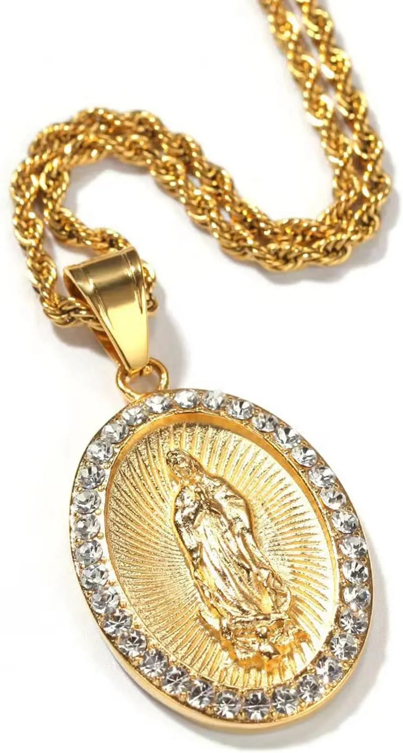 Gold Plated Virgin Mary Necklace Gold Chain Pendant Necklace for Men Women Virgen de Guadalupe Necklace,24in