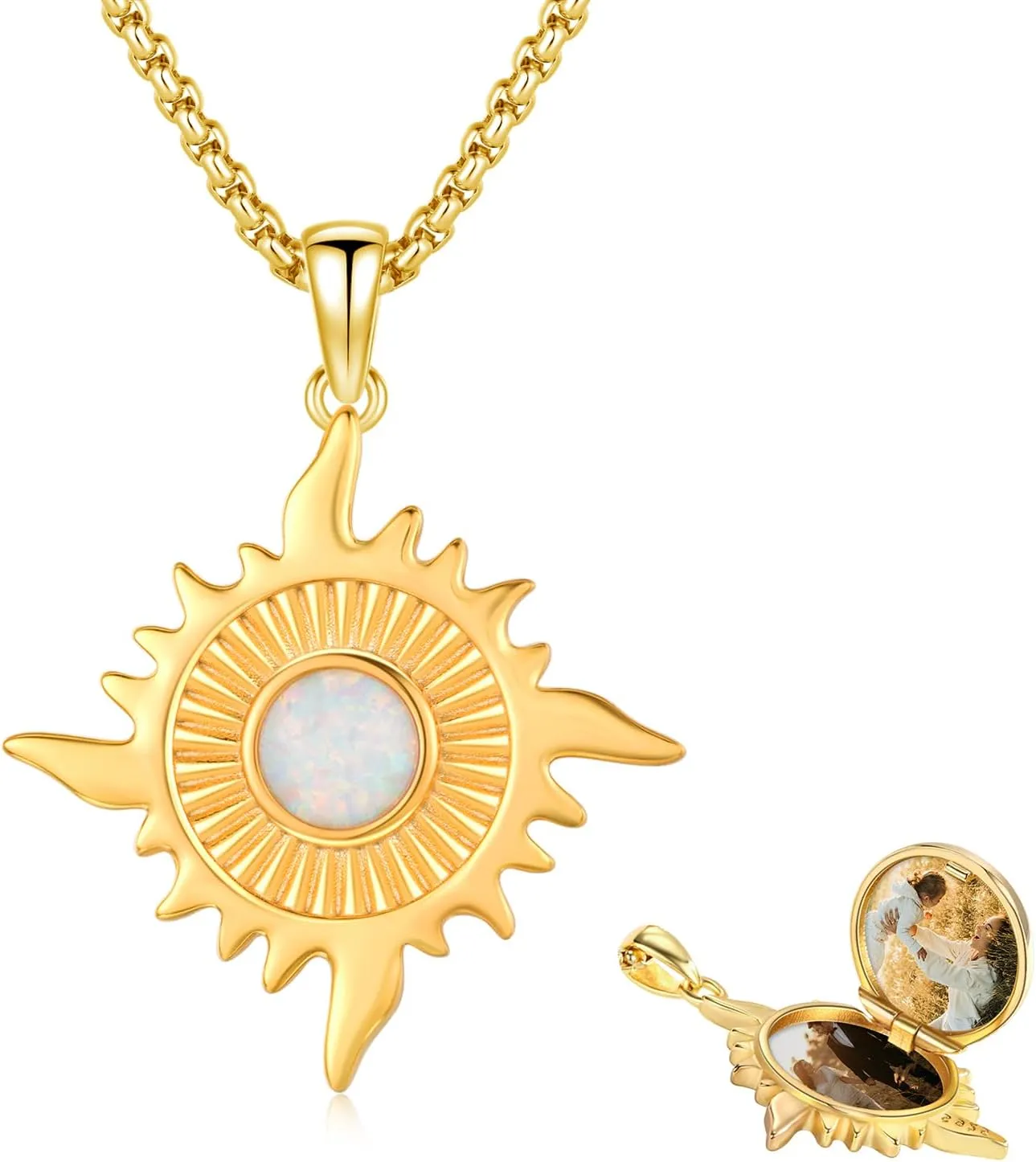 Gold Sun Locket Necklace for Women Sterling Silver Sunburst Circle Necklaces Dainty Opal Locket Necklace That Holds Pictures Jewelry Gift for Women Teens (06-Gold Sun)
