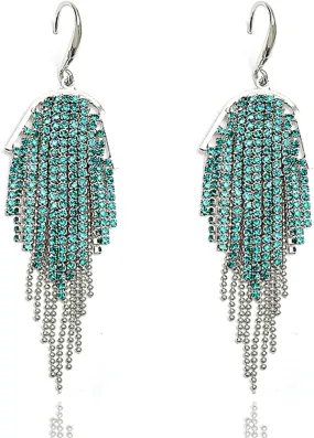 Green CZ Tassel Statement Dangle Earrings for Women Cubic Zirconia Drop Bead Fringe Hypoallergenic Hook Earrings Elegant Birthday PartyJewelry Gifts