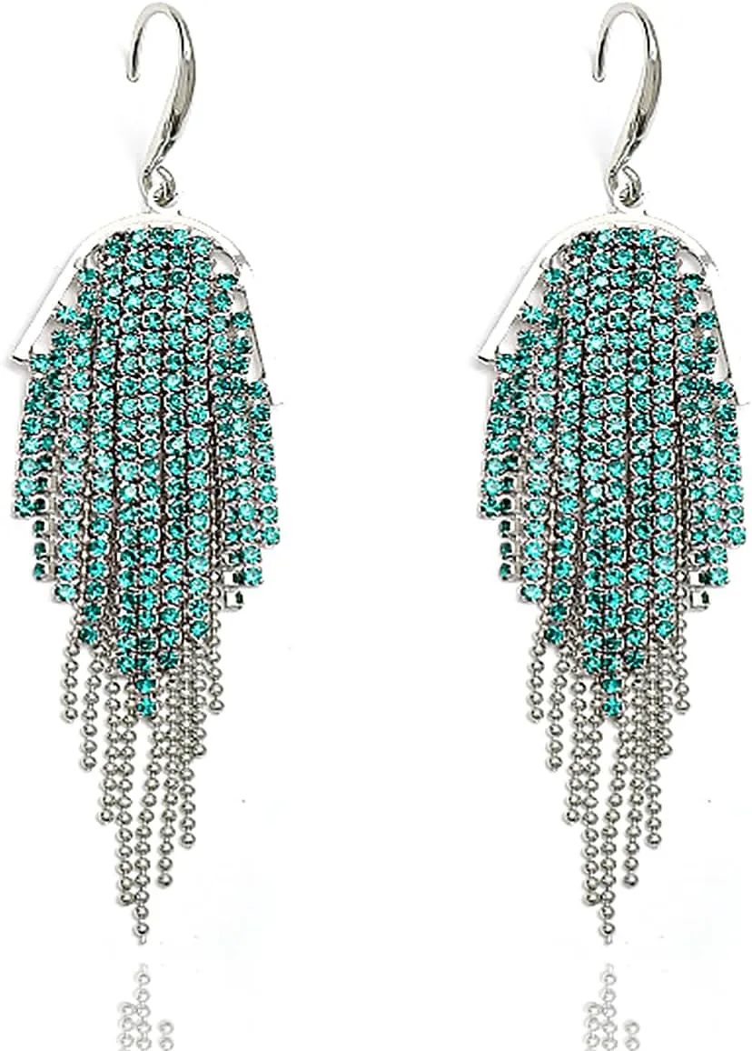 Green CZ Tassel Statement Dangle Earrings for Women Cubic Zirconia Drop Bead Fringe Hypoallergenic Hook Earrings Elegant Birthday PartyJewelry Gifts
