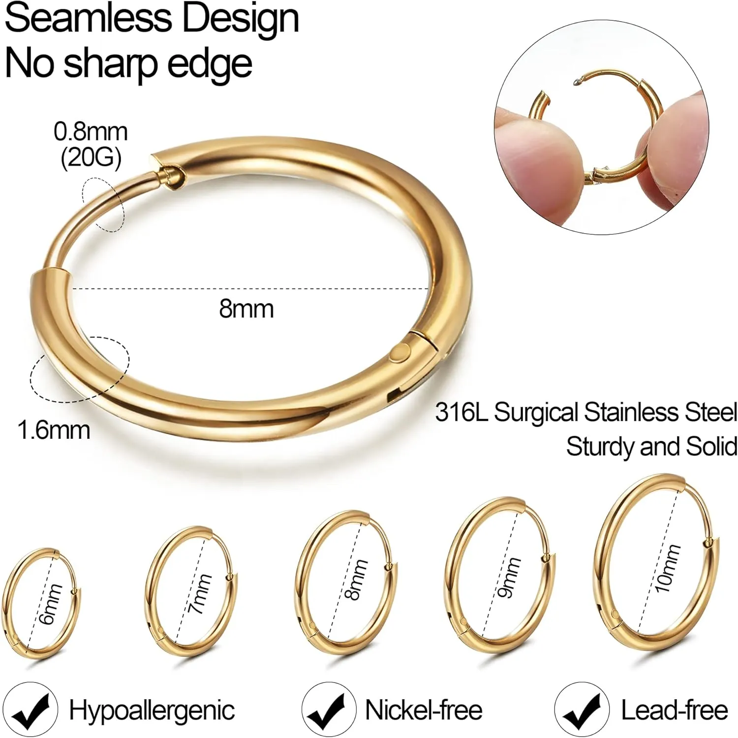 HAIAISO 5 Pairs Small Hoop Earrings Set for Women Men 316L Stainless Steel Huggie Earrings 1.6MM Tube Tiny Cartilage Helix Earrings Hoop Silver Gold Hoop Earrings for Multiple Piercing Jewelry 6/7/8/9/10MM
