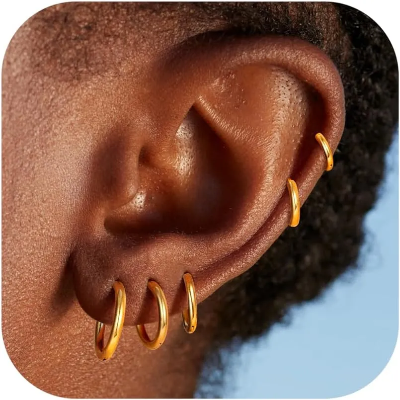HAIAISO 5 Pairs Small Hoop Earrings Set for Women Men 316L Stainless Steel Huggie Earrings 1.6MM Tube Tiny Cartilage Helix Earrings Hoop Silver Gold Hoop Earrings for Multiple Piercing Jewelry 6/7/8/9/10MM
