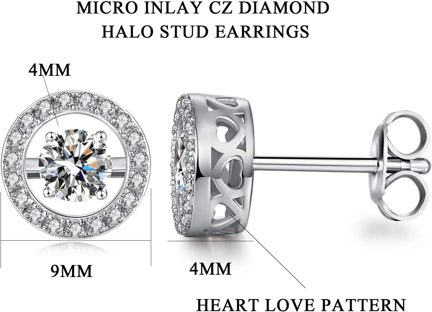Han han 18K White Gold Plated Halo Stud Earrings for Women, 925 Sterling Silver Bezel Heart Stud Earrings with Cubic Zirconia