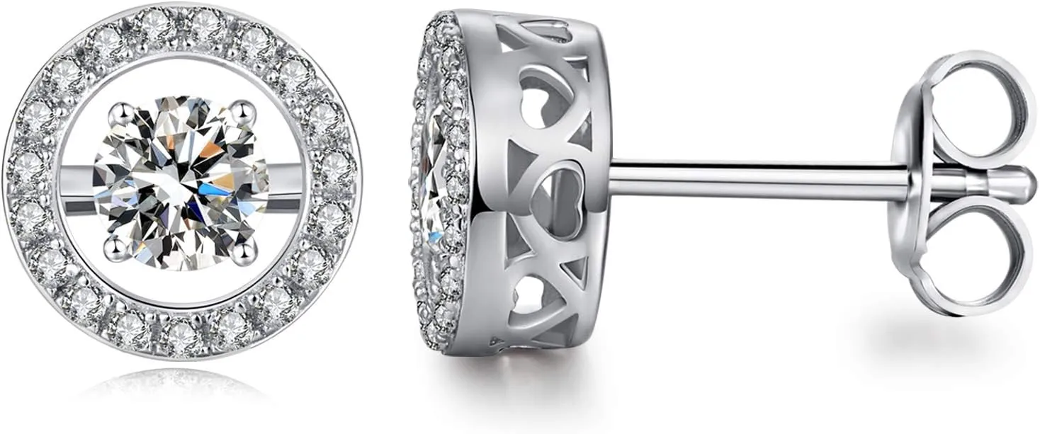 Han han 18K White Gold Plated Halo Stud Earrings for Women, 925 Sterling Silver Bezel Heart Stud Earrings with Cubic Zirconia
