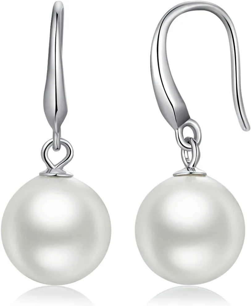 Han han 925 Sterling Silver Pearl Dangle Earrings for Women, Cubic Zirconia Pearl Earrings, 8MM-10MM