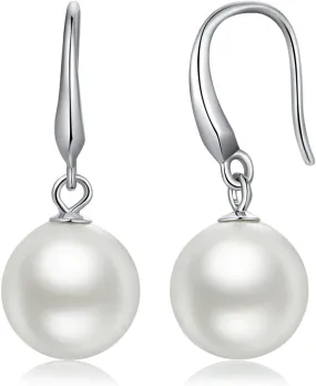 Han han 925 Sterling Silver Pearl Dangle Earrings for Women, Cubic Zirconia Pearl Earrings, 8MM-10MM