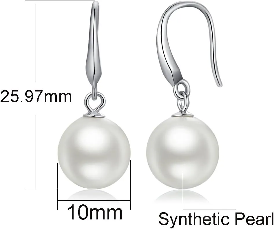 Han han 925 Sterling Silver Pearl Dangle Earrings for Women, Cubic Zirconia Pearl Earrings, 8MM-10MM