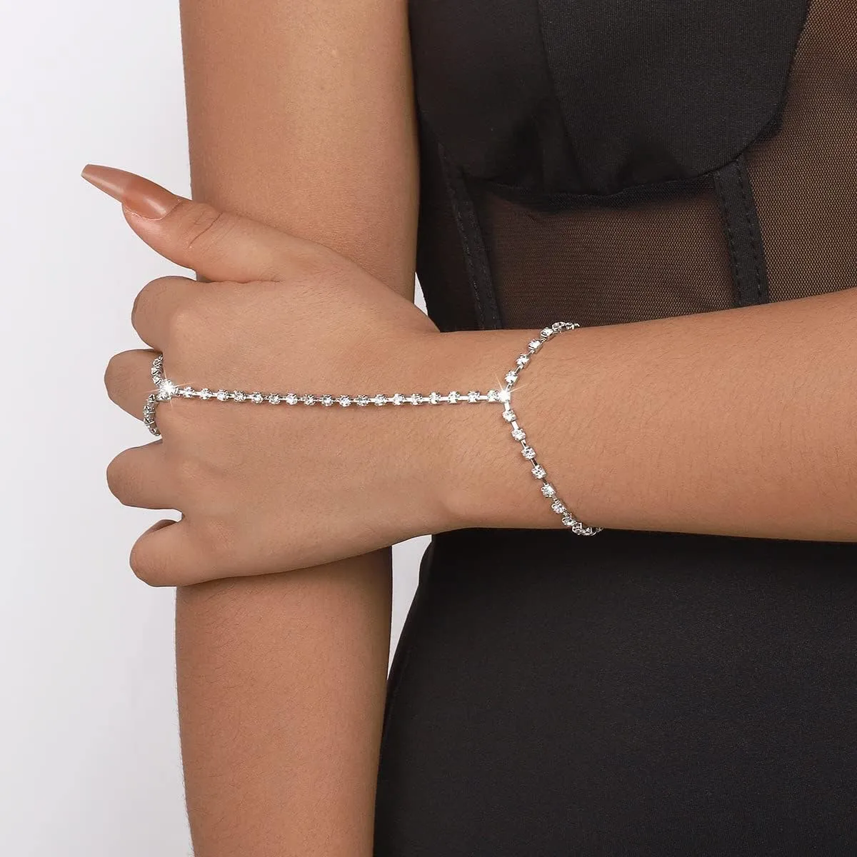 Hand Chain Bracelet for Women Trendy Link Chain Charm Bracelet Set Finger Ring Slave Bracelet Crystal Zircon Hand Chain Body Jewelry