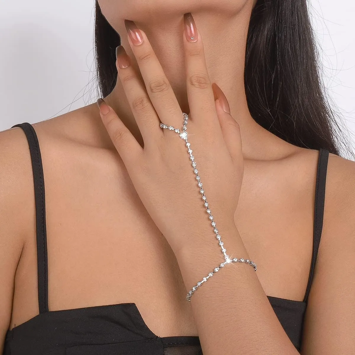 Hand Chain Bracelet for Women Trendy Link Chain Charm Bracelet Set Finger Ring Slave Bracelet Crystal Zircon Hand Chain Body Jewelry