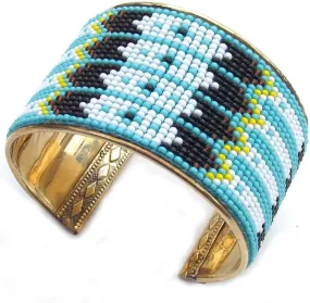 Handmade Beaded Indian Bracelet, Native American Style Seed Beads turquoise Blue White Southwestern Beaded Unisex leather Bracelet B53/5