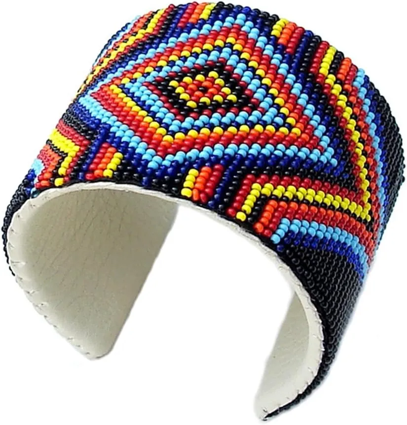 Handmade Beaded Indian Fashion Jewelery Cuff Bracelet, Native American style Multicolor Seed Beads Leather Cuff Bracelet for Unisex, One of a kind fashion Jewelery.