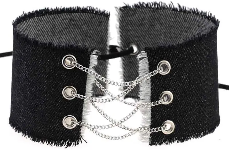 Handmade Women Denim Choker Necklace Adjustable Costume Cosplay Nightclub Punk Chain Neck Collar Choker