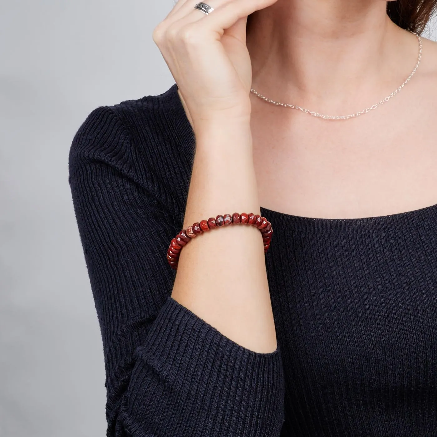 Handmade Womens Mens 8mm Gemstone Beaded Bracelet Stretch | Crystal Gemstone Beads Bracelet (Red Jasper)