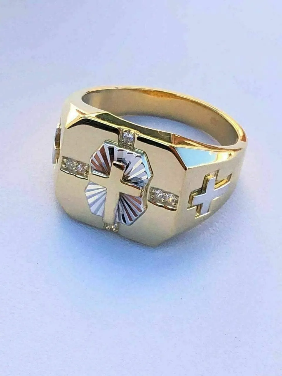 HarlemBling Solid 925 Sterling Silver - Men's Cross Ring W. 14k Gold Finish - Religious Christian Ring For Men - Pinky Or Any Finger Sz 7-13 Icy Diamond Cut