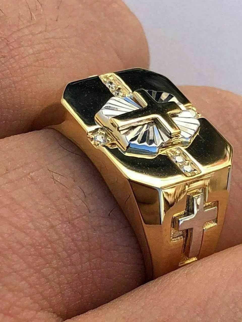 HarlemBling Solid 925 Sterling Silver - Men's Cross Ring W. 14k Gold Finish - Religious Christian Ring For Men - Pinky Or Any Finger Sz 7-13 Icy Diamond Cut