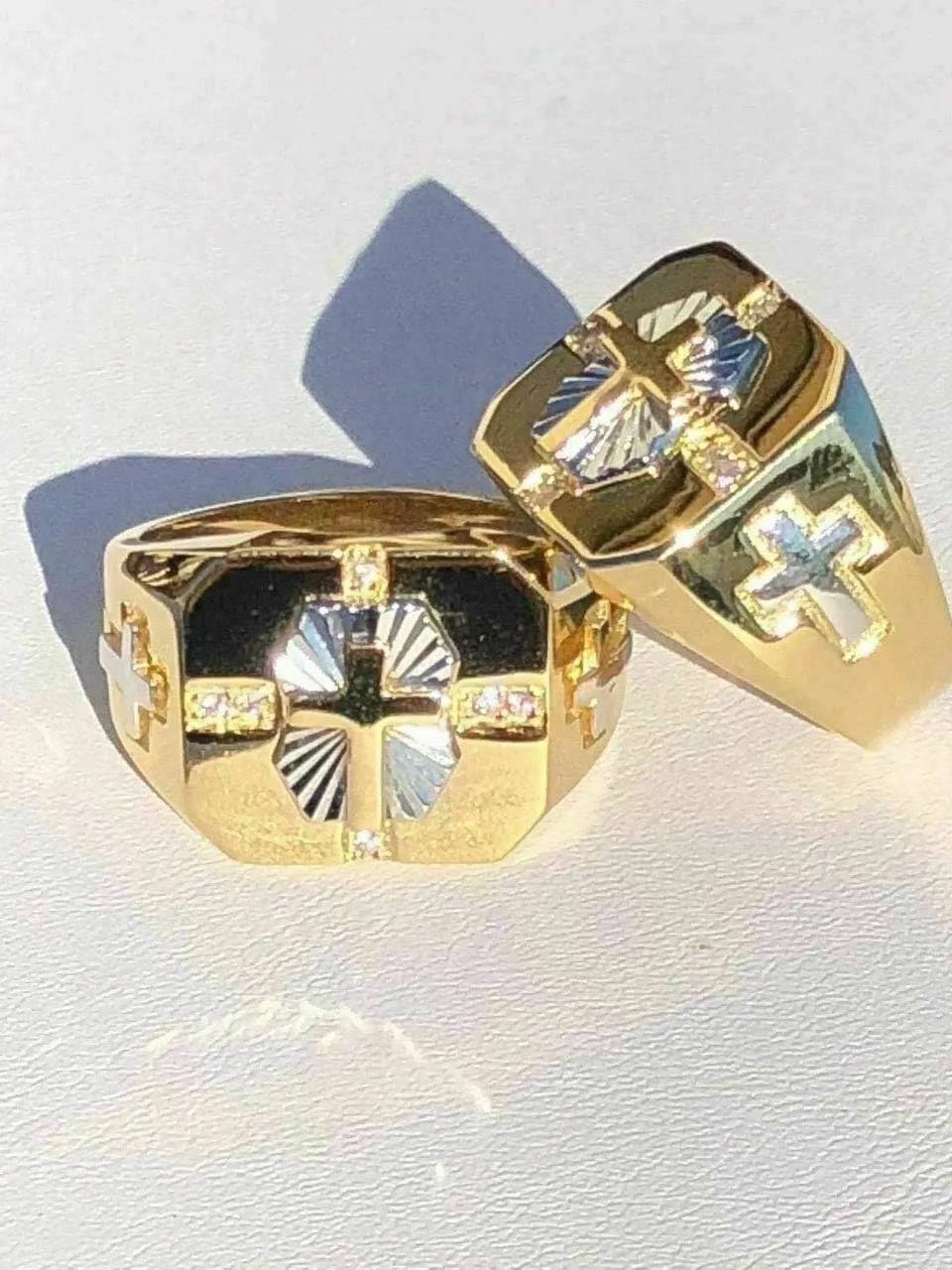 HarlemBling Solid 925 Sterling Silver - Men's Cross Ring W. 14k Gold Finish - Religious Christian Ring For Men - Pinky Or Any Finger Sz 7-13 Icy Diamond Cut