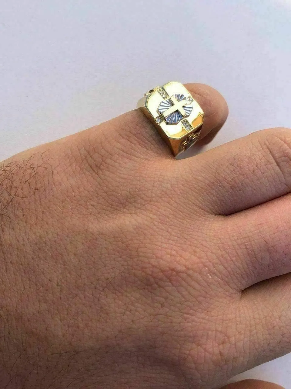 HarlemBling Solid 925 Sterling Silver - Men's Cross Ring W. 14k Gold Finish - Religious Christian Ring For Men - Pinky Or Any Finger Sz 7-13 Icy Diamond Cut