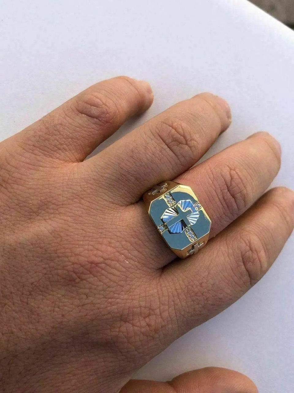 HarlemBling Solid 925 Sterling Silver - Men's Cross Ring W. 14k Gold Finish - Religious Christian Ring For Men - Pinky Or Any Finger Sz 7-13 Icy Diamond Cut