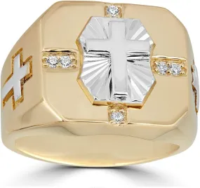HarlemBling Solid 925 Sterling Silver - Men's Cross Ring W. 14k Gold Finish - Religious Christian Ring For Men - Pinky Or Any Finger Sz 7-13 Icy Diamond Cut