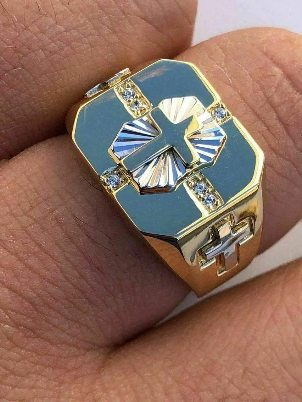 HarlemBling Solid 925 Sterling Silver - Men's Cross Ring W. 14k Gold Finish - Religious Christian Ring For Men - Pinky Or Any Finger Sz 7-13 Icy Diamond Cut