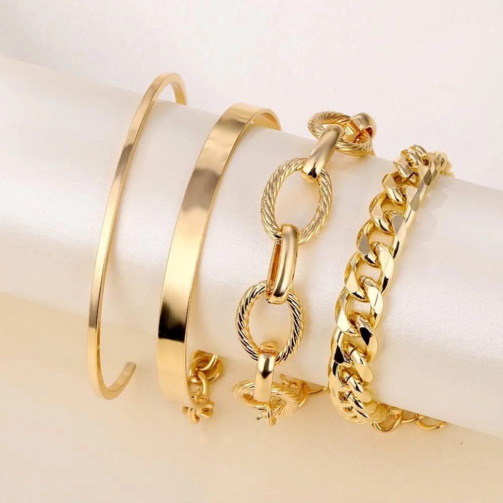 Harry and Henry 4 Pcs Gold Bracelets for Women Gold Layered Barcelet Cuban Link Chain Bracelet Gold Bangle Bracelet Gold Cuff Bracelets Stackable Bracelets Jewelry Gift for Girls