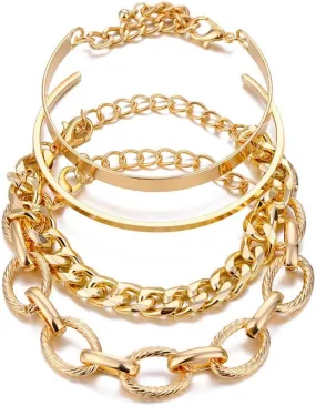 Harry and Henry 4 Pcs Gold Bracelets for Women Gold Layered Barcelet Cuban Link Chain Bracelet Gold Bangle Bracelet Gold Cuff Bracelets Stackable Bracelets Jewelry Gift for Girls