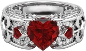 Heart Cubic Zirconia CZ Red Ring for Women Valentine 2pcs Womens Wedding Ring Sets Silver Wedding Engagement Rings