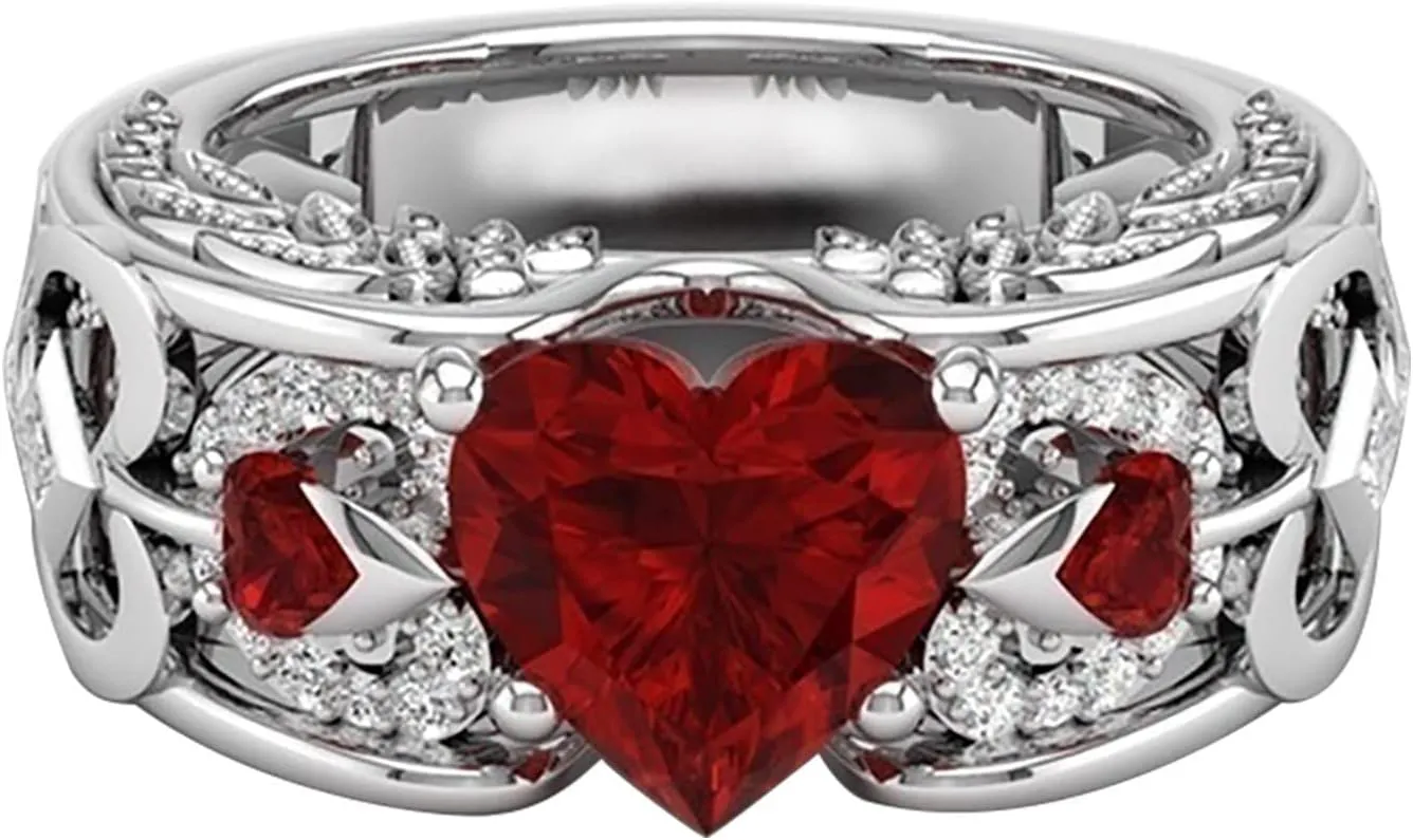 Heart Cubic Zirconia CZ Red Ring for Women Valentine 2pcs Womens Wedding Ring Sets Silver Wedding Engagement Rings