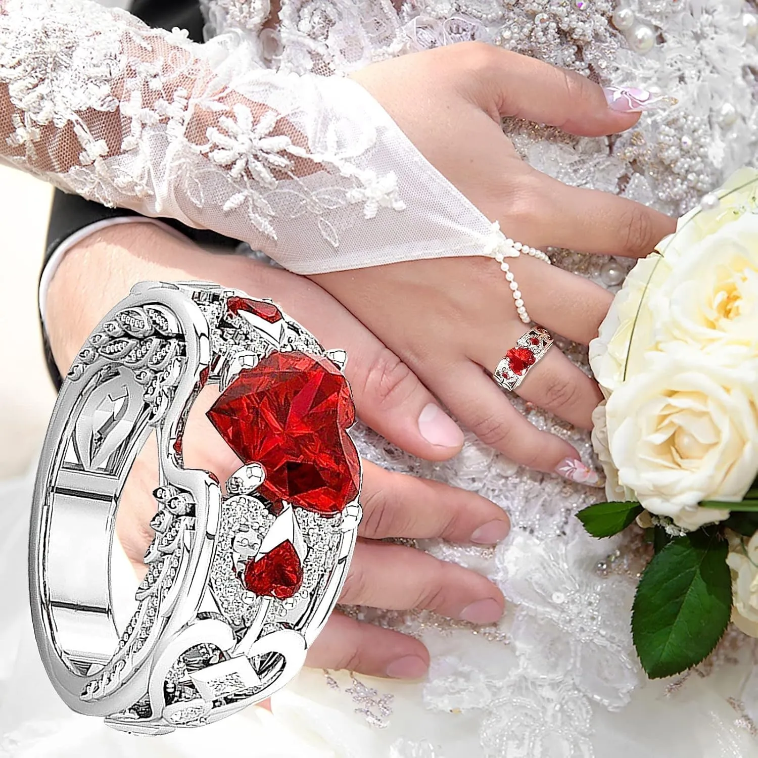 Heart Cubic Zirconia CZ Red Ring for Women Valentine 2pcs Womens Wedding Ring Sets Silver Wedding Engagement Rings